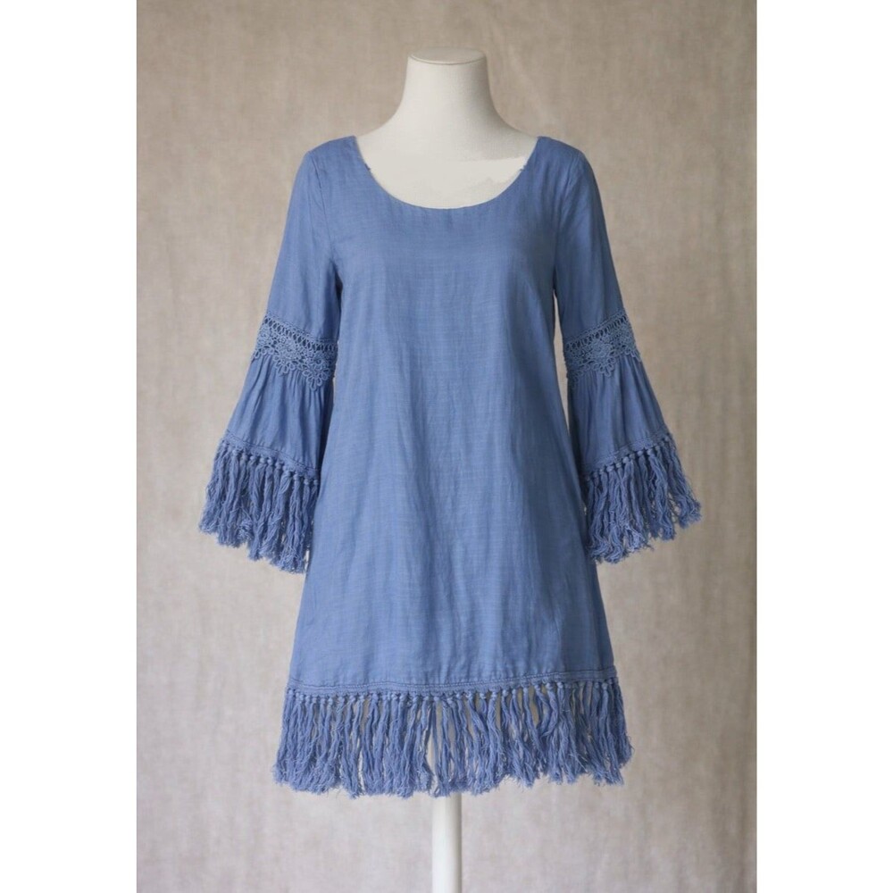 JODIFL Blue Boho Tunic Dress Bell Sleeve Crochet Lace Fringe Tassel Womens S Y2K - Picture 1 of 12